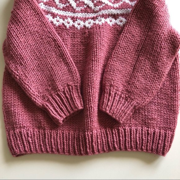Girls Hand Knit Dusty Rose White Fairisle Sweater - Picture 4 of 7